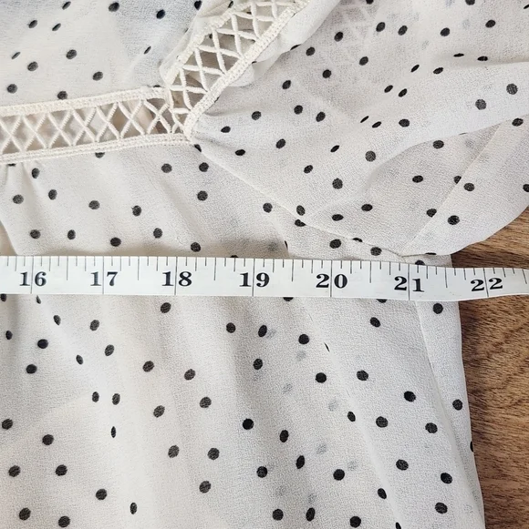 Women's Cream & Black Speck Print Peasant High Neck Sheer Blouse Large - Picture 14 of 16
